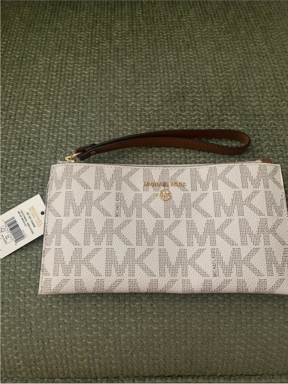 Michael Kors Classic MK White & Tan Logo Wristlet NWT $98